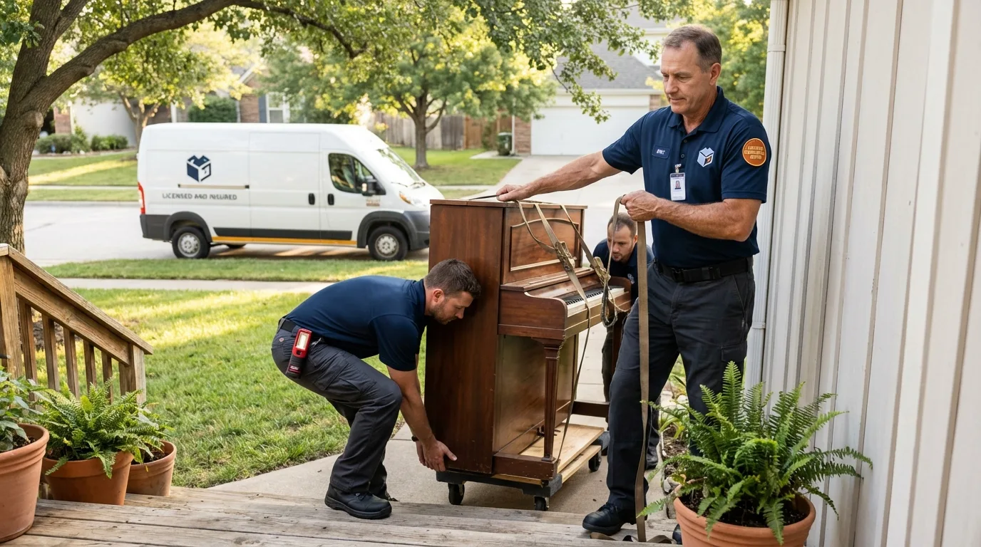 Licensed piano movers securing grand piano in Purdy, MO
