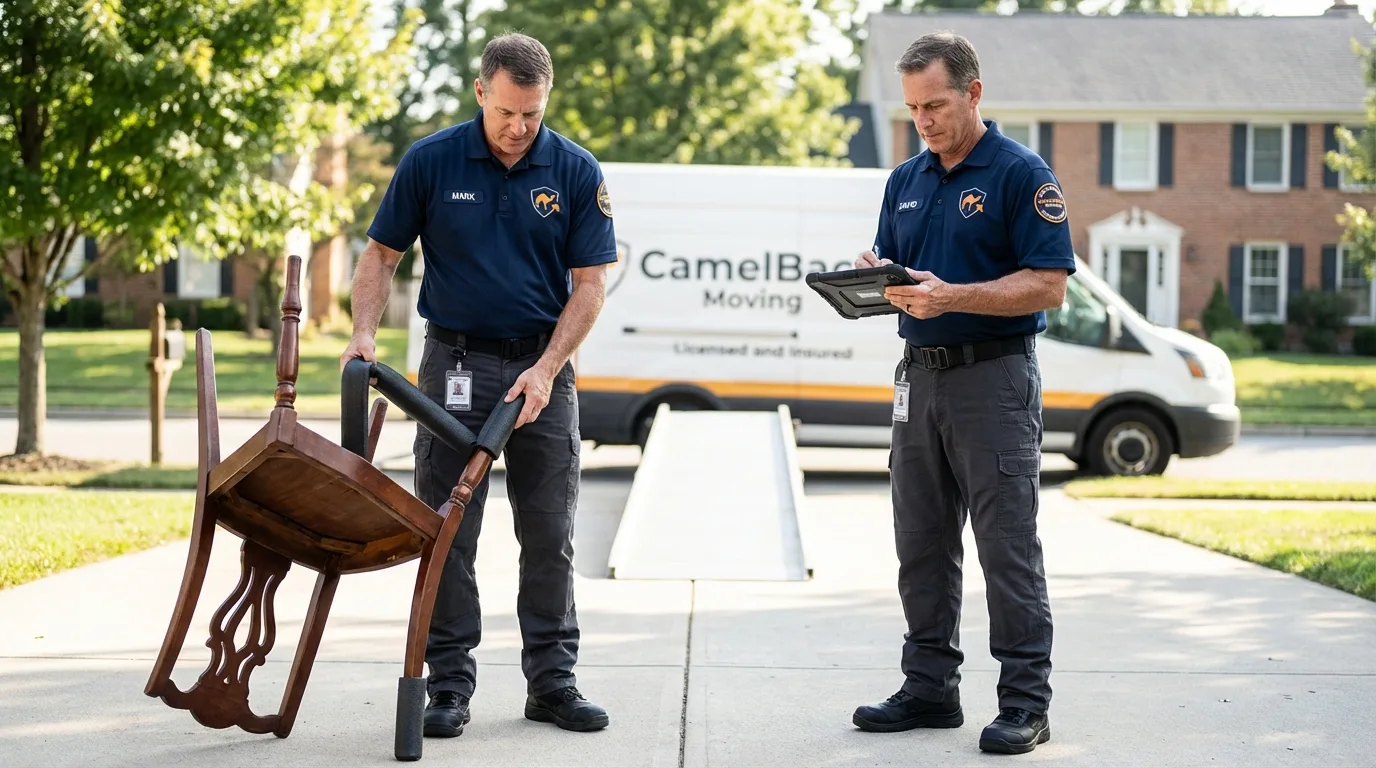 Movers inspecting furniture for damage prevention before loading in Purdy, MO