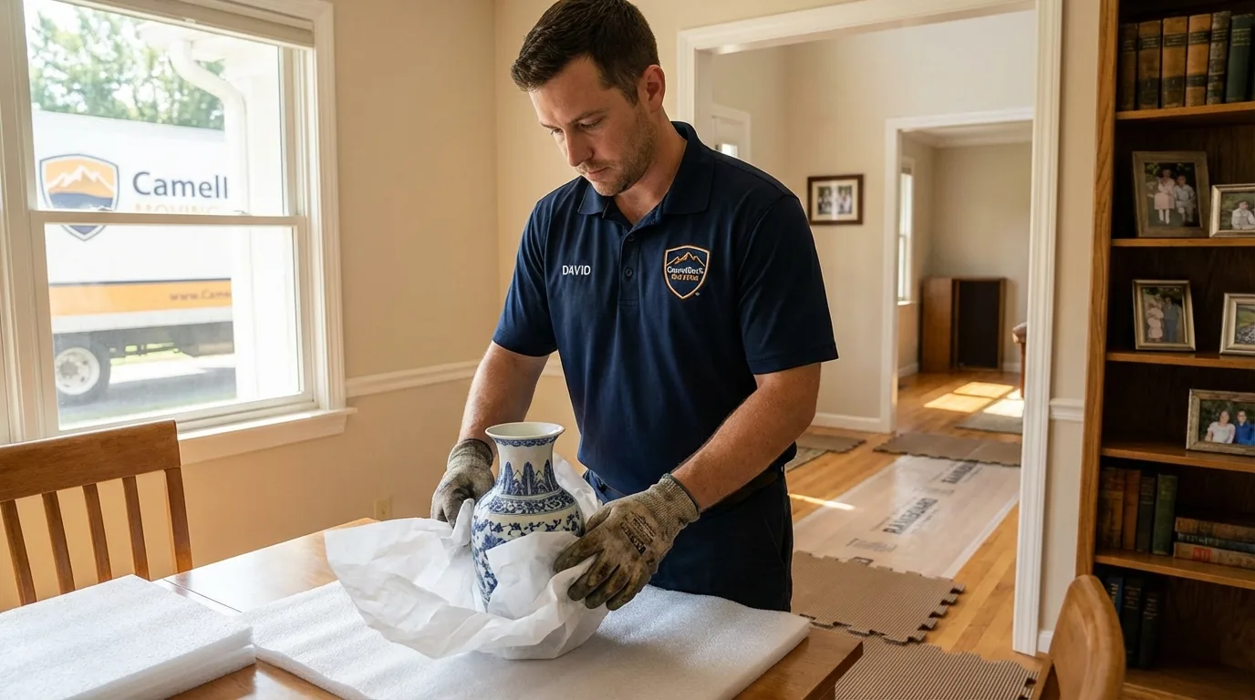 Professional crew carefully wrapping antique vase for senior downsizing move in Purdy, MO